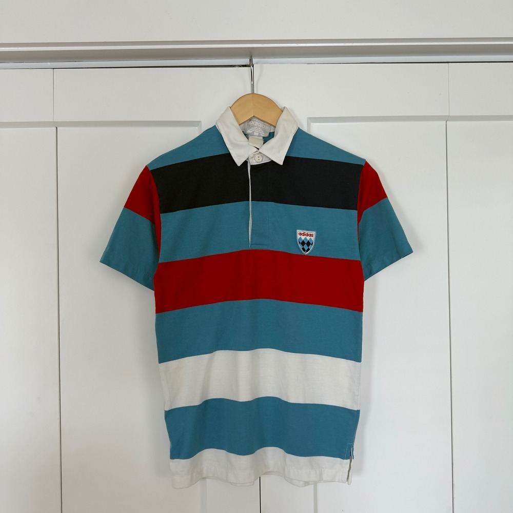 Mens Single Stitch Adidas Vintage Shield Rugby Polo Shirt Blue And Red Striped - Picture 2 of 6